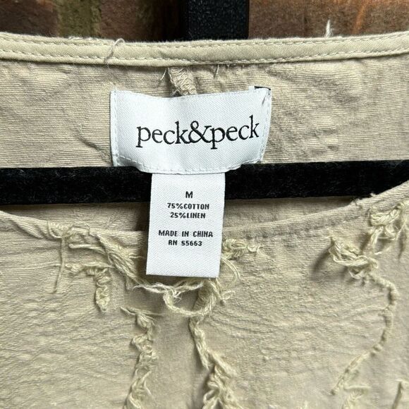 Peck & Peck Women’s Linen Blend Tan Fringe Quarter Sleeve Top Size Medium - Picture 3 of 5